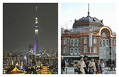 东京晴空塔（左）和JR东京站红砖外墙站舍（右）
