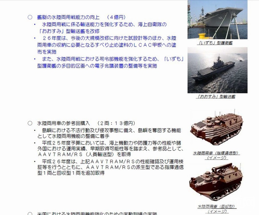 为提高水陆两栖作战的运输能力，防卫省将斥资4亿日元用于大隅级登陆舰等相关装备的升级改装。