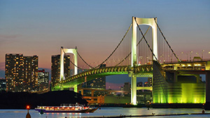 台场海滨公园是一处可供游客享受东京湾海岸线景致的人工海滨公园。公园中有一座迷你的自由女神像，是人气合影点，远处就是彩虹大桥。这里唯美的夕阳和绚丽的夜景格外迷人。每年7月的第三个周一是“海之日”，晚上这里会举行明灯节，海滨沙滩在纸油灯的灯光照耀下，织成美丽的图案，是夏季台场独特的一景。