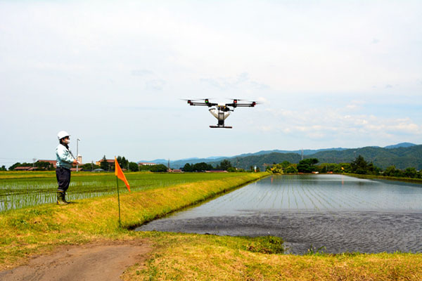 日本鸟取县利用智能插秧机和无人机进行稻田作业