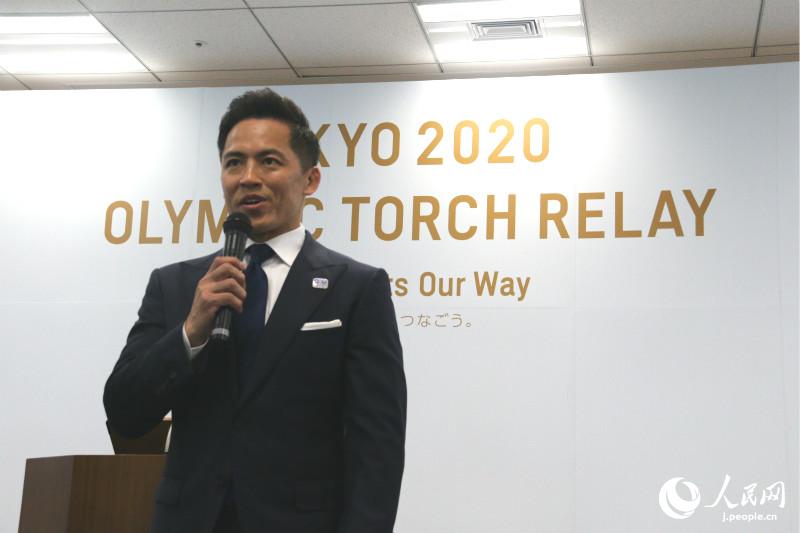 東京奧運會聖火傳遞形象大使野村忠宏致辭。（攝影：木村雄太）