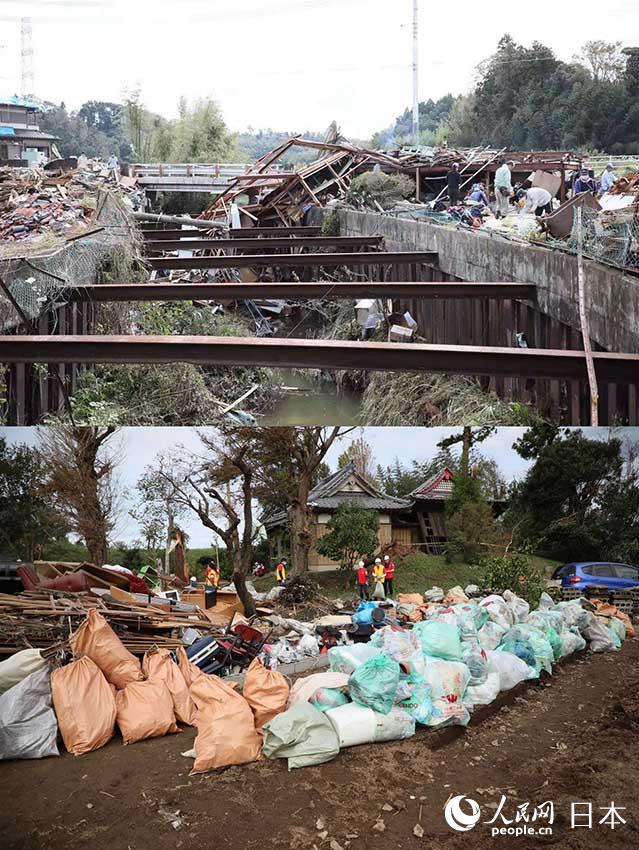 上圖為日本千葉縣市原市台風災區現場，下圖為建行東京分行志願救災活動的清理垃圾。