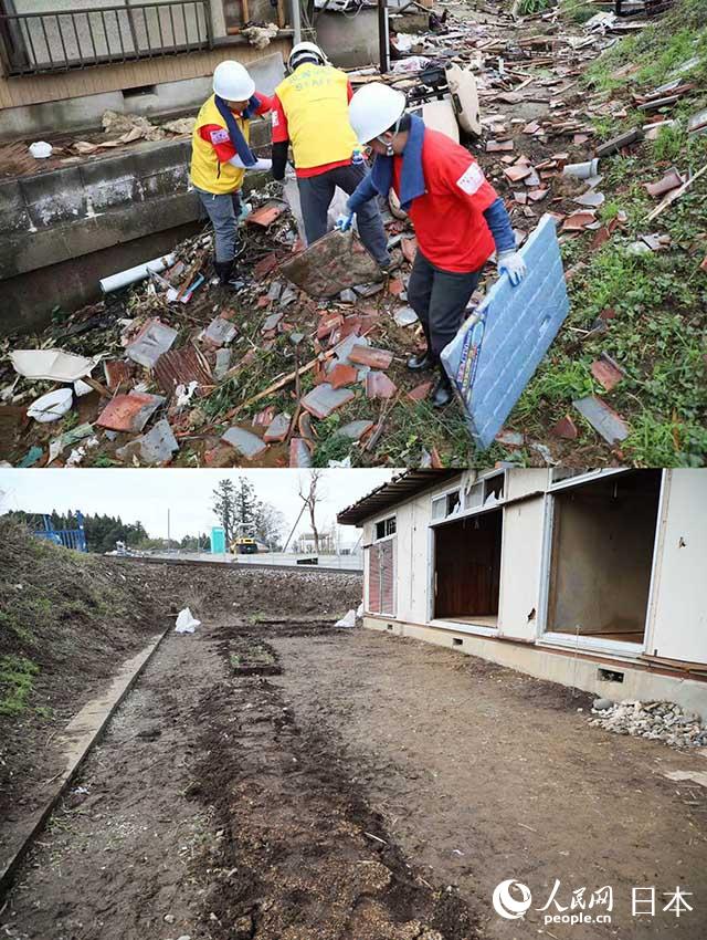 上圖為建行東京分行志願在日本千葉縣市原市台風災區現場，下圖為志願者們清理干淨的災區現場。