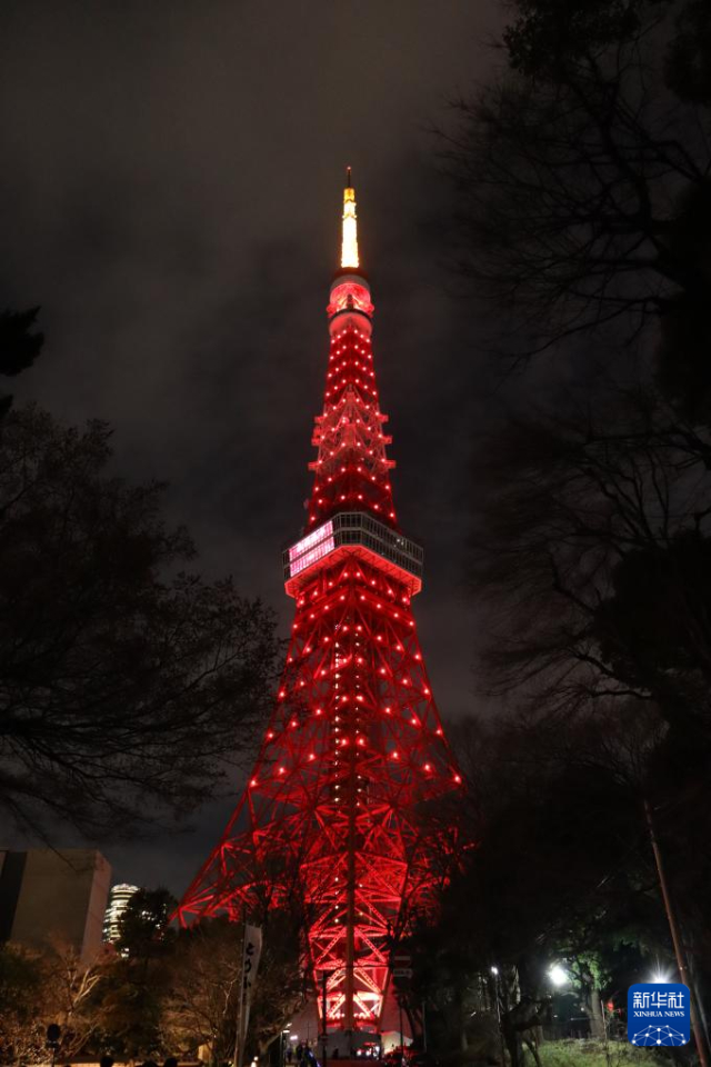 2月9日晚，日本東京的地標性建筑東京塔點亮“中國紅”，慶祝中國農歷新年。新華社記者 楊光 攝