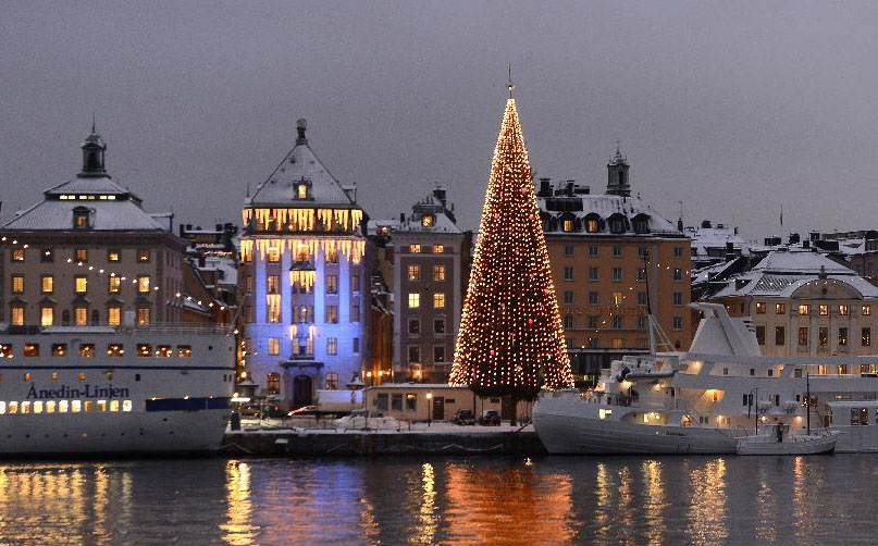 12月12日，一棵高达40米、装饰有5000多件彩灯、彩球等圣诞饰品的圣诞树立在瑞典首都斯德哥尔摩的老城岸边。