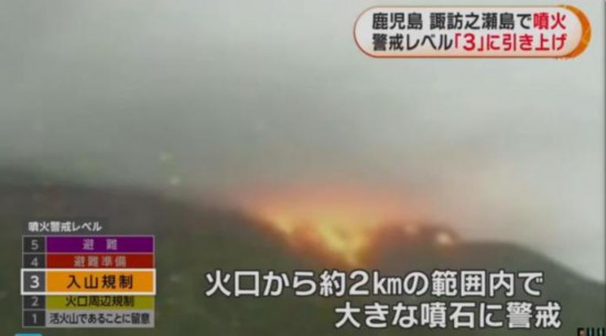 当地时间23日凌晨，位于日本鹿儿岛县的诹访之濑岛火山大规模喷发。(图片来源：日本富士电视台视频截图)