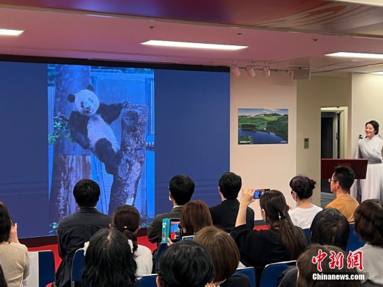 圖為日本民眾在活動現場欣賞大熊貓“香香”的照片。